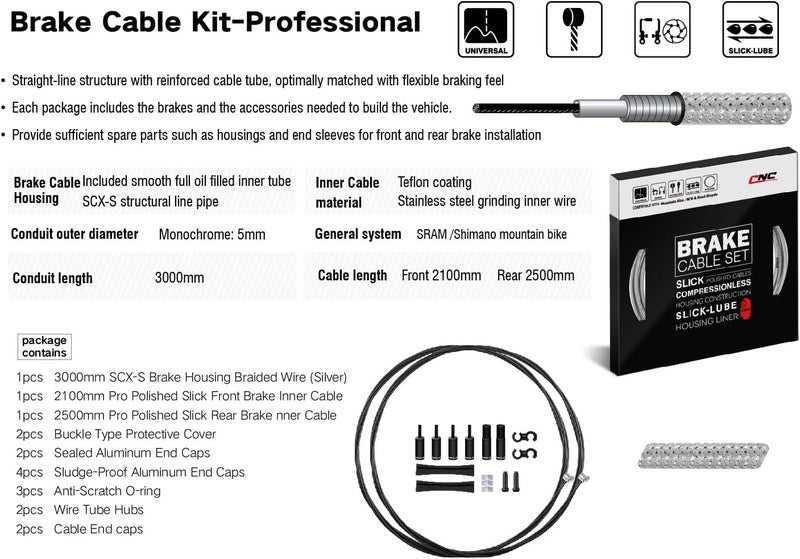 CNC Mountain Bike Brake Cable Kit,Bicycle Brake Cable Housing Coated Braided & Teflon Inner line For MTB（Black/Gold/Silver/Titanium silver） - Image 2